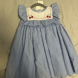 Blue and White Gingham Kids Dress with Cherry Embroidery